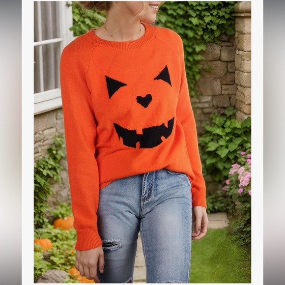 Halloween Lantern Orange Round Neck Sweater - Picture 2 of 8